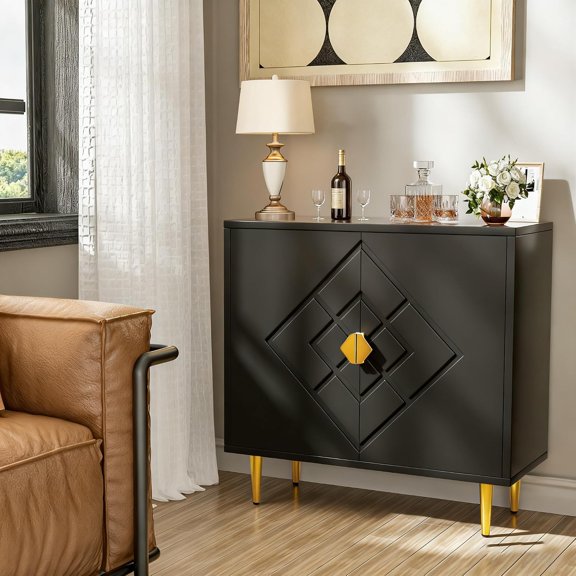 Modern Accent Cabinet with Storage, Storage Cabinet with 2 Doors, Sideboard Buffet with Diamond Pattern Double Door for Hallway, Entry, Living Room (Black)