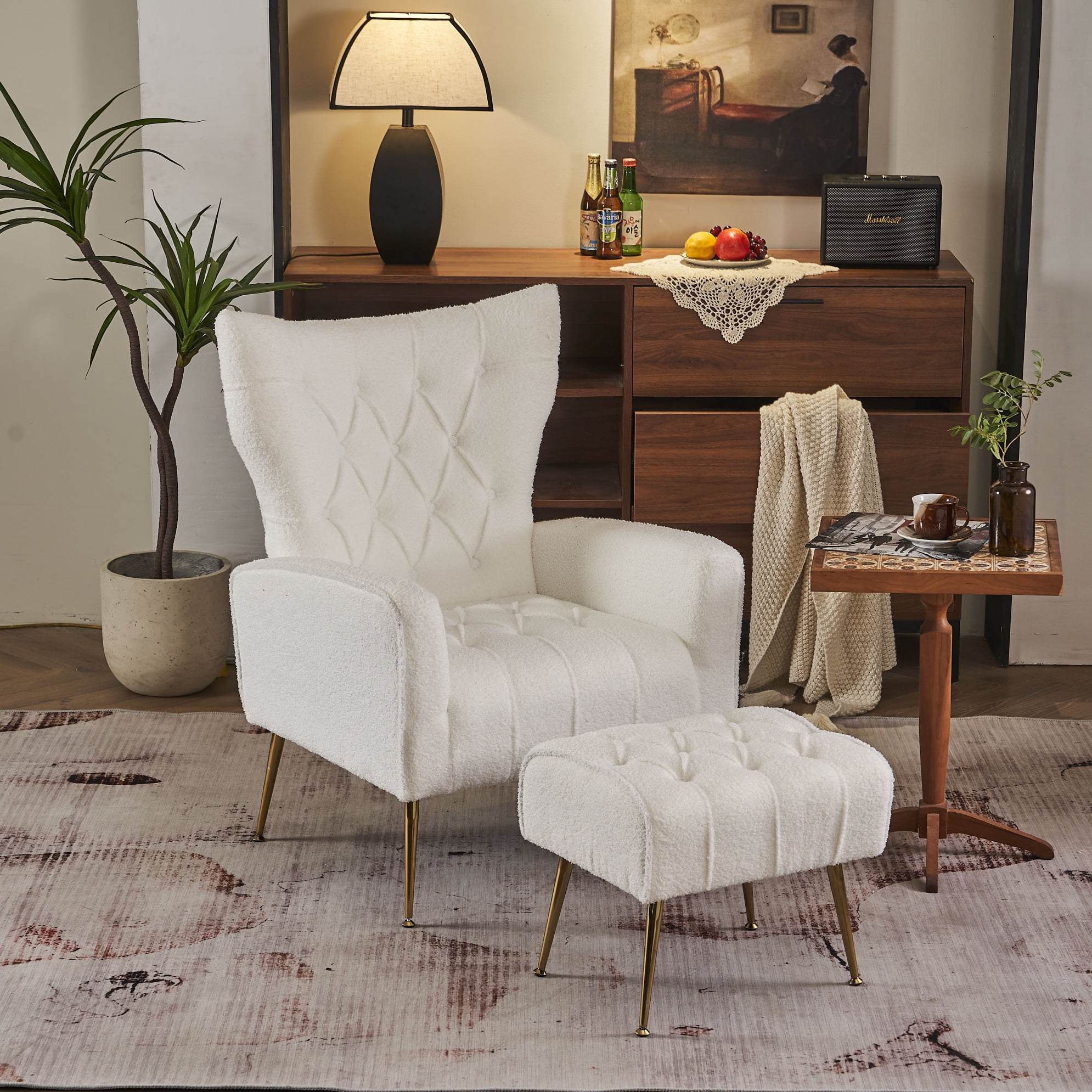 Vintage Design-Inspired White Accent Chair w Ottoman Fabric Upholstered Round Backrest Compact Chair