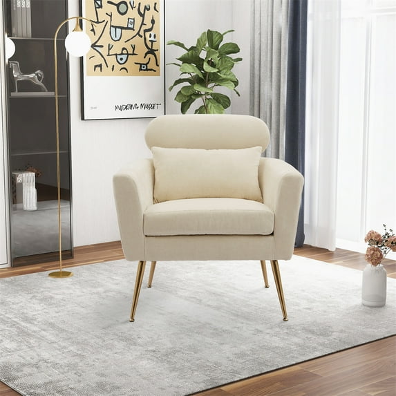Modern Accent Chair Armchair,Upholstered Reading Chair with Arms,Tufted Single Sofa Chair Leisure Club Chair with Gold Metal Legs and Throw Pillow,Living Room Chair for Bedroom Office,Beige