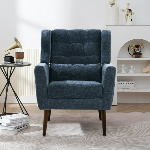 Modern Accent Chair,  Armed Chair with waist pillow,Soft Padded Lounge Chair for Small Space, Bedroom,Reading Leisure Chair ,Dark Blue