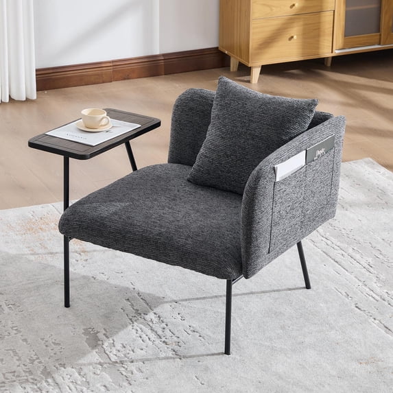 Modern Accent Chair with Back Pillow and Side Table, Upholstered Single Sofa Armchair with Iron Legs and Storage Pockets, Dark Gray Seating for Living Room Reception