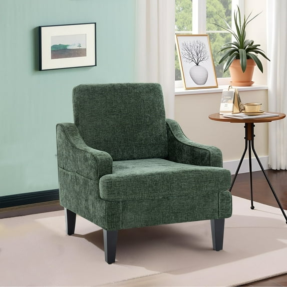 Modern Accent Chair for Bedroom Upholstered Reading Chair with Side Pockets Comfy Living Room Chairs Living Room Armchair for Office, Apartment (Green Chenille)