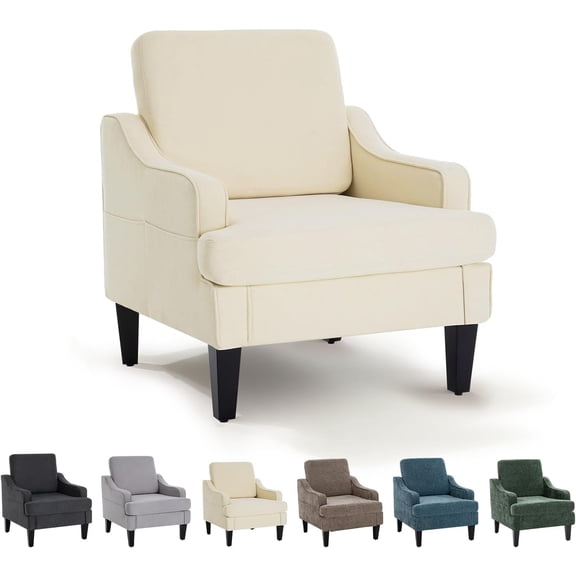 Modern Accent Chair for Bedroom Upholstered Reading Chair with Side Pockets Comfy Living Room Chairs Living Room Armchair for Office, Apartment, Small Room (Beige)