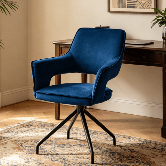 Modern Accent Chair, Blue Velvet Upholstered Dining Chair with Black Metal Star Base,Desk Chair for Living Room, Bedroom, Office