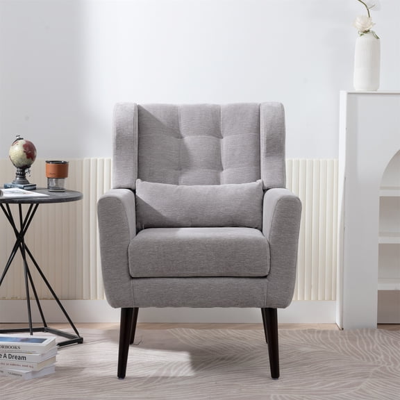 Modern Accent Chair,Chenille Arm Chairs for Living Room,Upholstered Mordern Armchair,Comfy Soft Padded Lounge Chair in Small Space, Bedroom, with Pillow, Solid Wood Leg (Gray)