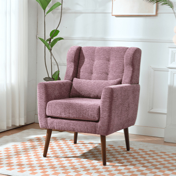 Modern Accent Chair,Chenille Arm Chairs for Living Room,Upholstered Mordern Armchair,Comfy Soft Padded Lounge Chair in Small Space, Bedroom, with Pillow, Solid Wood Leg (Purple)