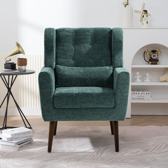 Modern Accent Chair,Chenille Arm Chairs for Living Room,Upholstered Mordern Armchair,Comfy Soft Padded Lounge Chair in Small Space, Bedroom, w/Pillow, Solid Wood Leg