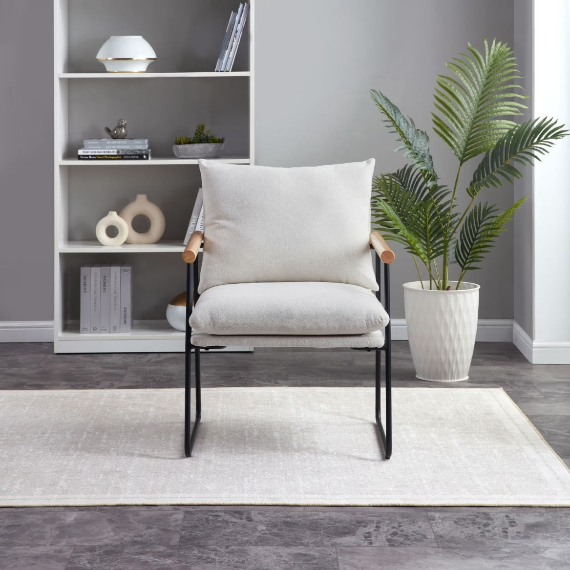 Modern Accent Chair, Comfy Arm Chair with Removable Cushion and Solid Wood Armrests, Linen Upholstered Vanity Chair for Living Room, Bedroom, Reception Room, Milk White