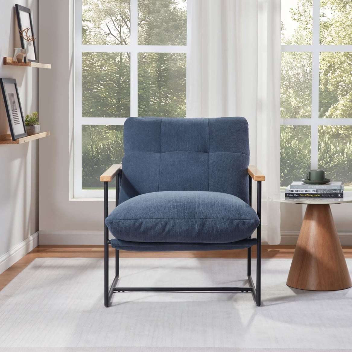 Modern Accent Chair, Comfy Arm Chair with Removable Cushion and Solid Wood Armrests, Upholstered Vanity Chair for Living Room, Bedroom, Home Office, Blue