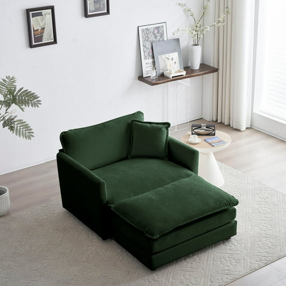 Modern Accent Chair, Comfy Upholstered Armchair with Toss Pillow and Ottoman, Reading Side Chair for Living Room, Bedroom, Office, Cozy Single Chair, Green
