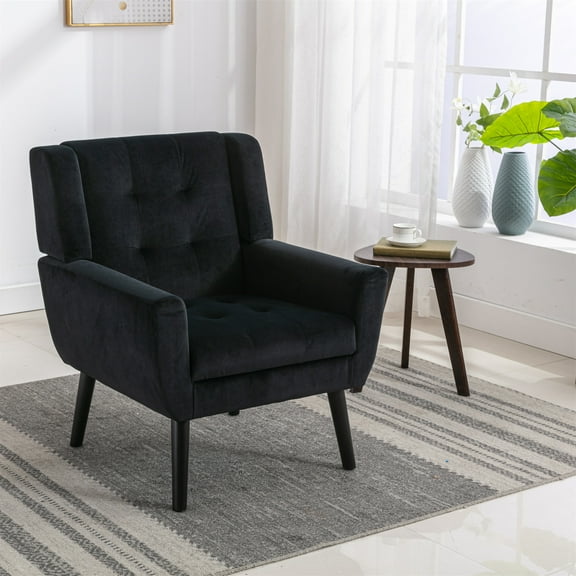 Modern Velvet Accent Chair - Black, Ergonomic Design for Living Room/Bedroom - 29.5" Wide, Soft Upholstery, Black Legs, Home Office Chair