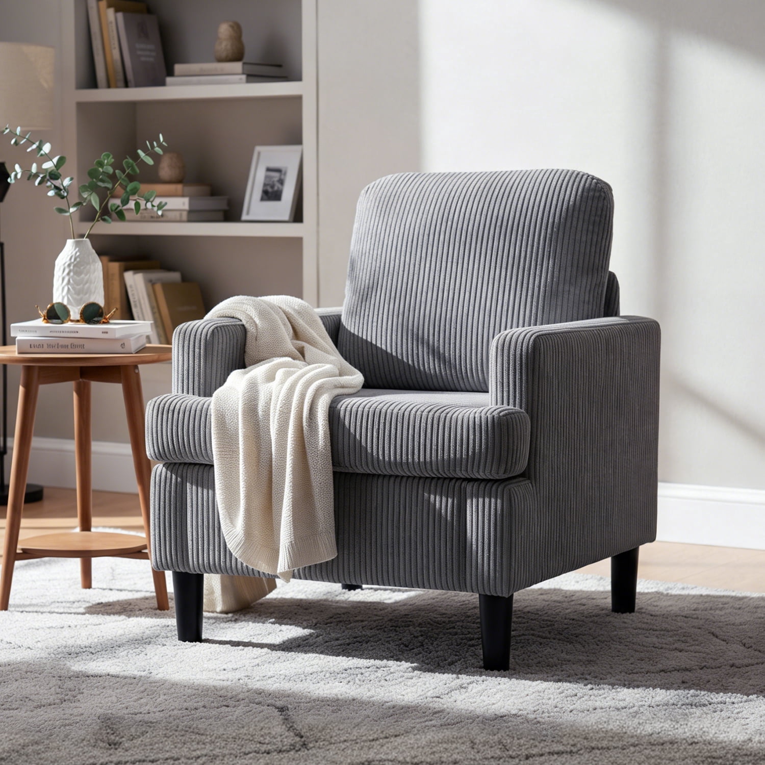 Modern Accent Chair Cozy Living Room Chairs Mid Century Modern Accent Chairs Reading Chair with Armrests for Living Room, Bedroom and Study（Grey）