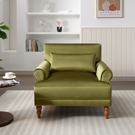 Modern Accent Chair with Elegant Circular Armrests, Luxurious Large Size Armchair with Ergonomic Lumbar Support, Velvet Lounge Chair with Vintage Roman Column Legs for Living Room/Bedroom/Study, Green