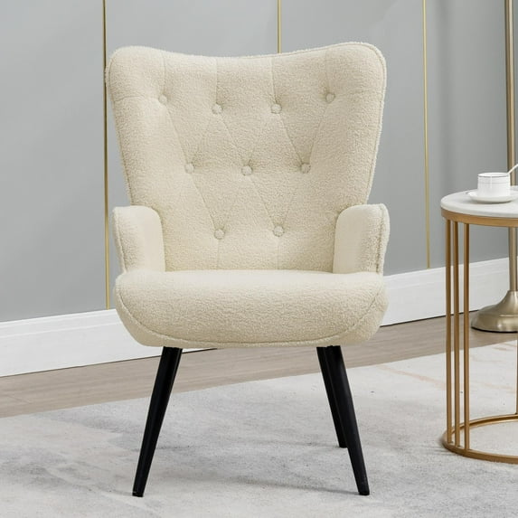 Modern Accent Chair, Elegant Sherpa Fabric Vanity Chair, Button-Tufted Upholstered Makeup Chair with Backrest, Armrest and Solid Wood Legs, Home Furniture Chair for Living Room Bedroom, White