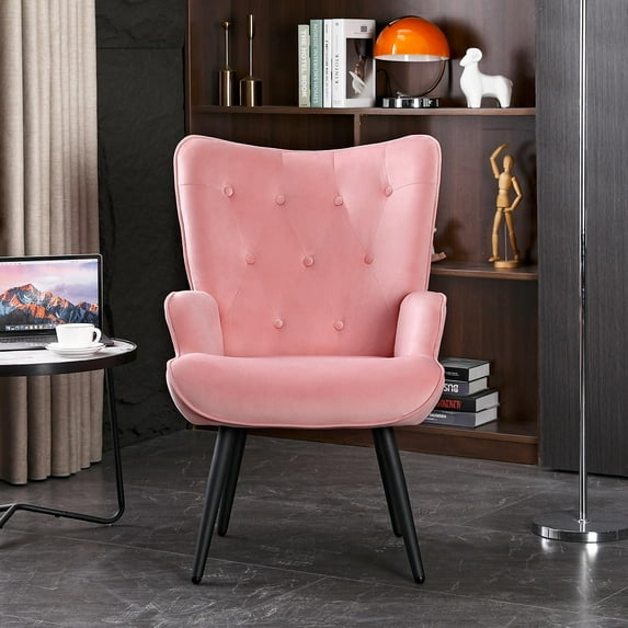 Modern Accent Chair, Elegant Velvet Fabric Vanity Chair, Button-Tufted Upholstered Makeup Chair with Backrest, Armrest and Solid Wood Legs, Home Furniture Chair for Living Room Bedroom, Pink