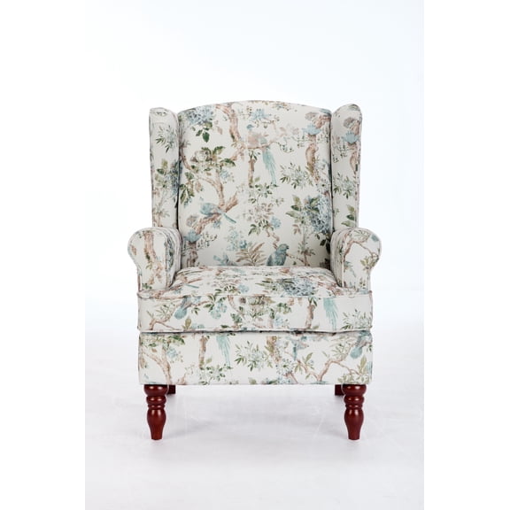Modern Accent Chair Floral Blue Bird Upholstered Armchair Retro Wood Legs for Living Room Bedroom Office