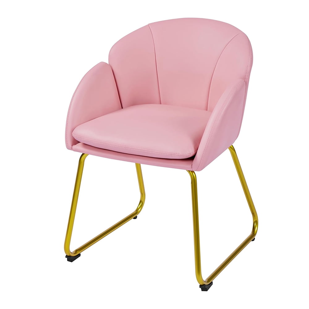 Elegant Flower Shaped Accent Chair, PU Leather Vanity Barrel Chair with Sturdy Golden Metal Legs, Perfect for Living Room Bedroom Dressing Table, Pink