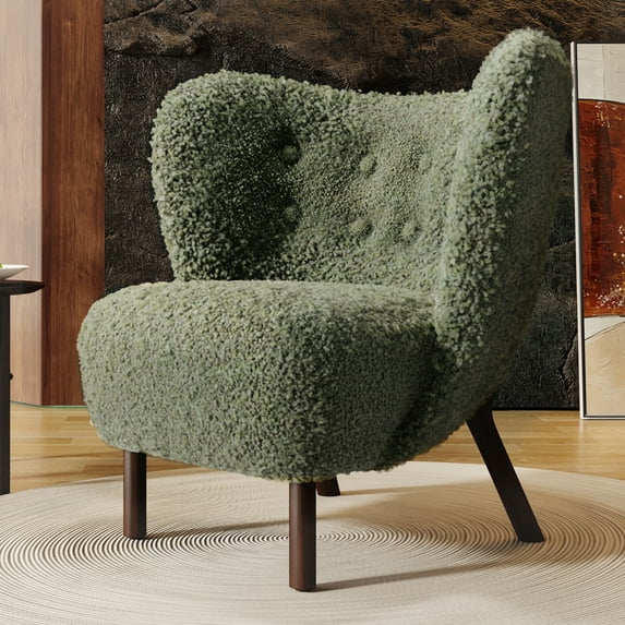 Modern Accent Chair, Lambskin Sherpa Armchair with Tufted Wingback, Upholstered Side Chair with Thick Cushion and Solid Wood Legs, Comfy Reading Arm Chair Dressing Chair and Desk Chair, Seaweed Green
