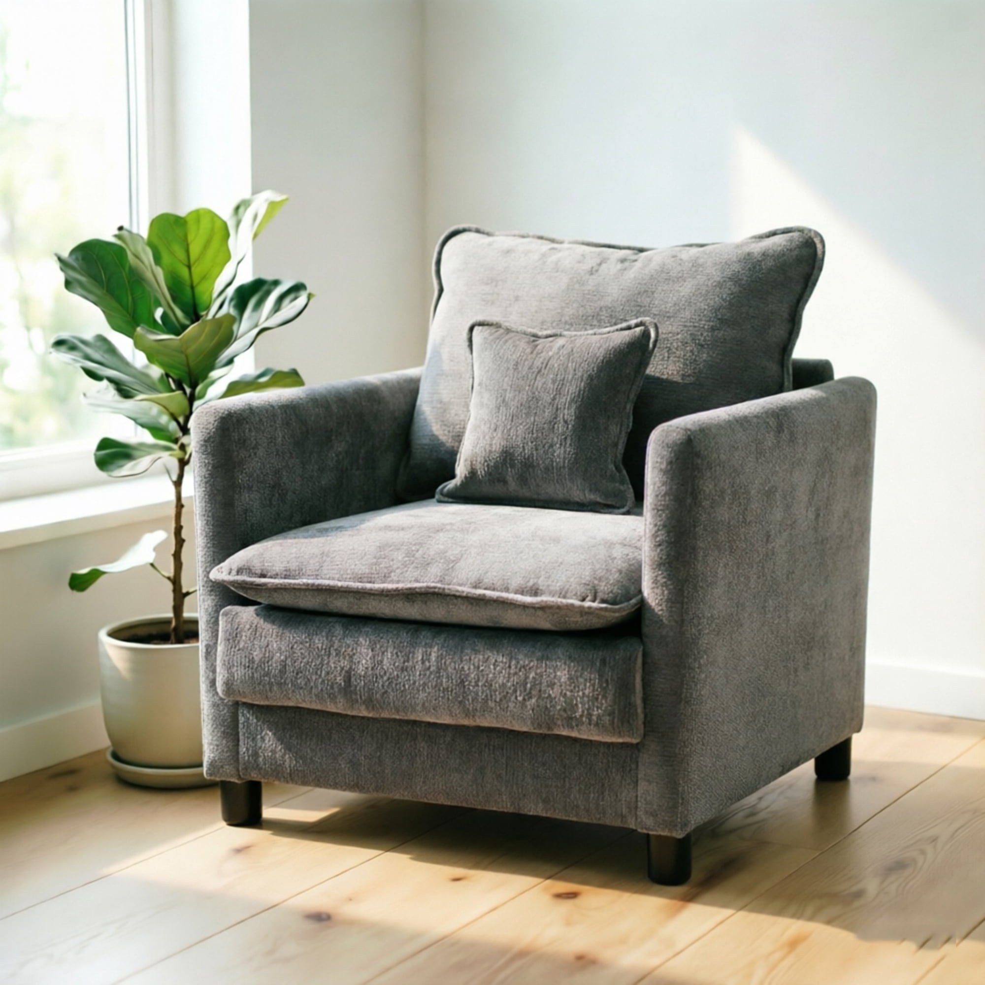 Modern Accent Chair,Linen Single Sofa Chair,Modern Reading Armchair with Pillow for Living Room,Bedroom,Dark Grey