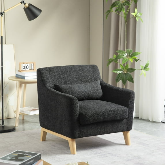 Modern Accent Chair,Living Room Side Chairs Lambswool Fabric Armchair with Wood Legs Upholstered Single Sofa Chair Decorative Arm Chair for Corner,Bedroom,Black