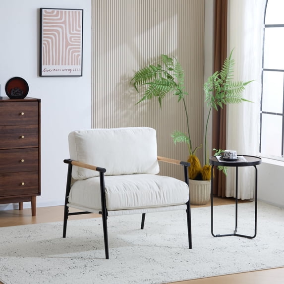 Modern Accent Chair Lounge Arm Chair, Upholstered Armchair with Plush Cushions, Single Chairs with Metal Frame,Wooden Armrest - Perfect for Office,Living Room,Bedroom,White