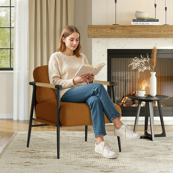 Modern Accent Chair with Metal Frame,Comfy Chair Cozy Reading Chair Upholstered in Plush 420g Teddy Sherpa Fabric, Mid Century Style with Spring Foam Cushion, Cozy Reading Chair with Soft Cushion