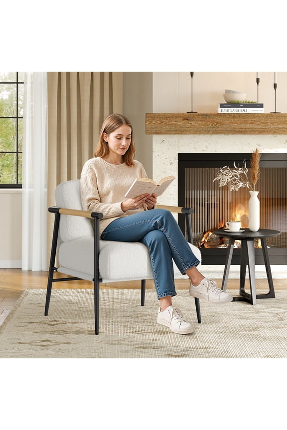 Modern Accent Chair with Metal Frame,Comfy Chair Cozy Reading Chair Upholstered in Plush 420g Teddy Sherpa Fabric, Mid Century Style with Spring Foam Cushion, Cozy Reading Chair with Soft Cushion
