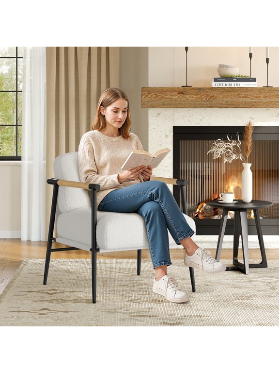 Modern Accent Chair with Metal Frame,Comfy Chair Cozy Reading Chair Upholstered in Plush 420g Teddy Sherpa Fabric, Mid Century Style with Spring Foam Cushion, Cozy Reading Chair with Soft Cushion