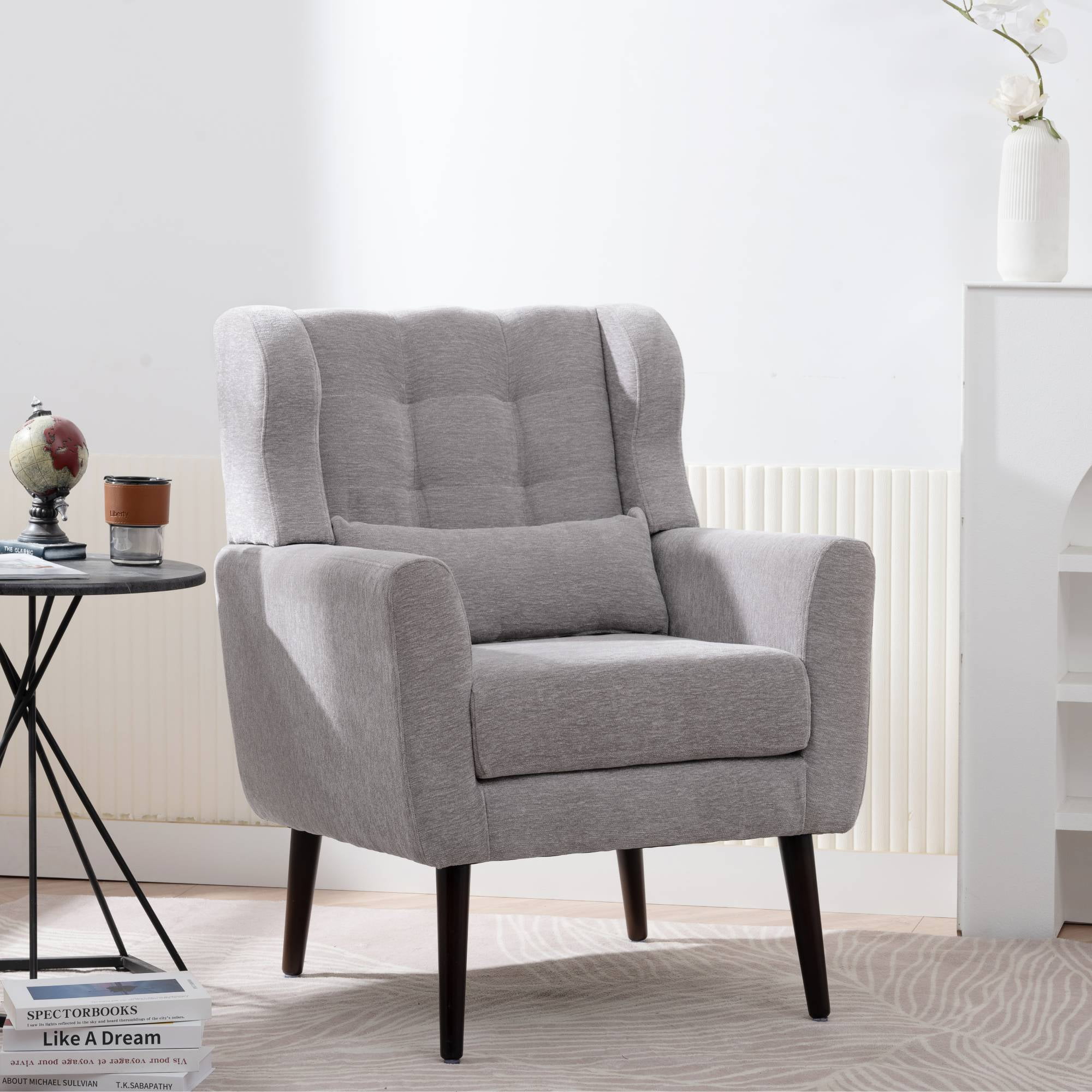 Modern Accent Chair Mid Century Armchair Reading Chair, Upholstered Tufted Side Chair with Wingback , Waist Pillow for Living Room, Grey