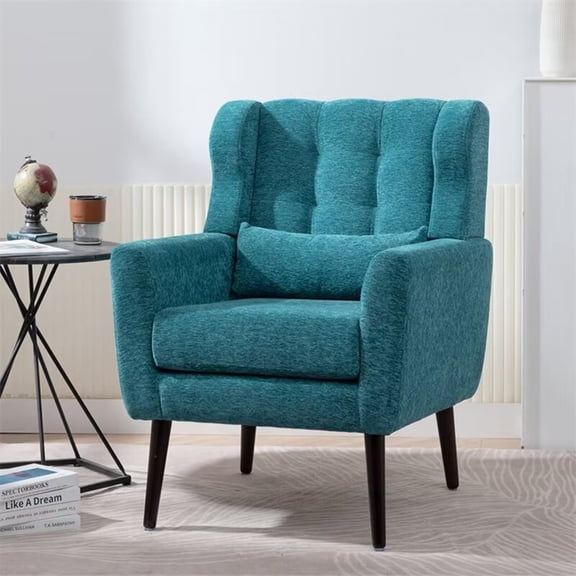 Accent Arm Chair for Living Room, Modern Chenille Fabric Upholstered Armchair with Pillow and Solid Wood Leg, Comfy Soft Padded Lounge Chair Reading Chair for Small Spaces Bedroom, Teal