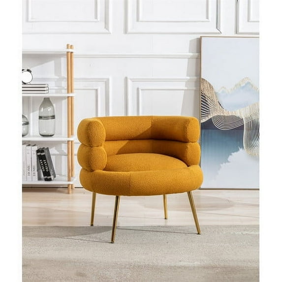 Modern Accent Chair, Mid-Century Plush-Touch Tufted Upholstered Wide Barrel Chair with Golden Metal Legs and Curved Backrest, Single Sofa Lounge Chair Armchair for Living Room Bedroom, Mustard