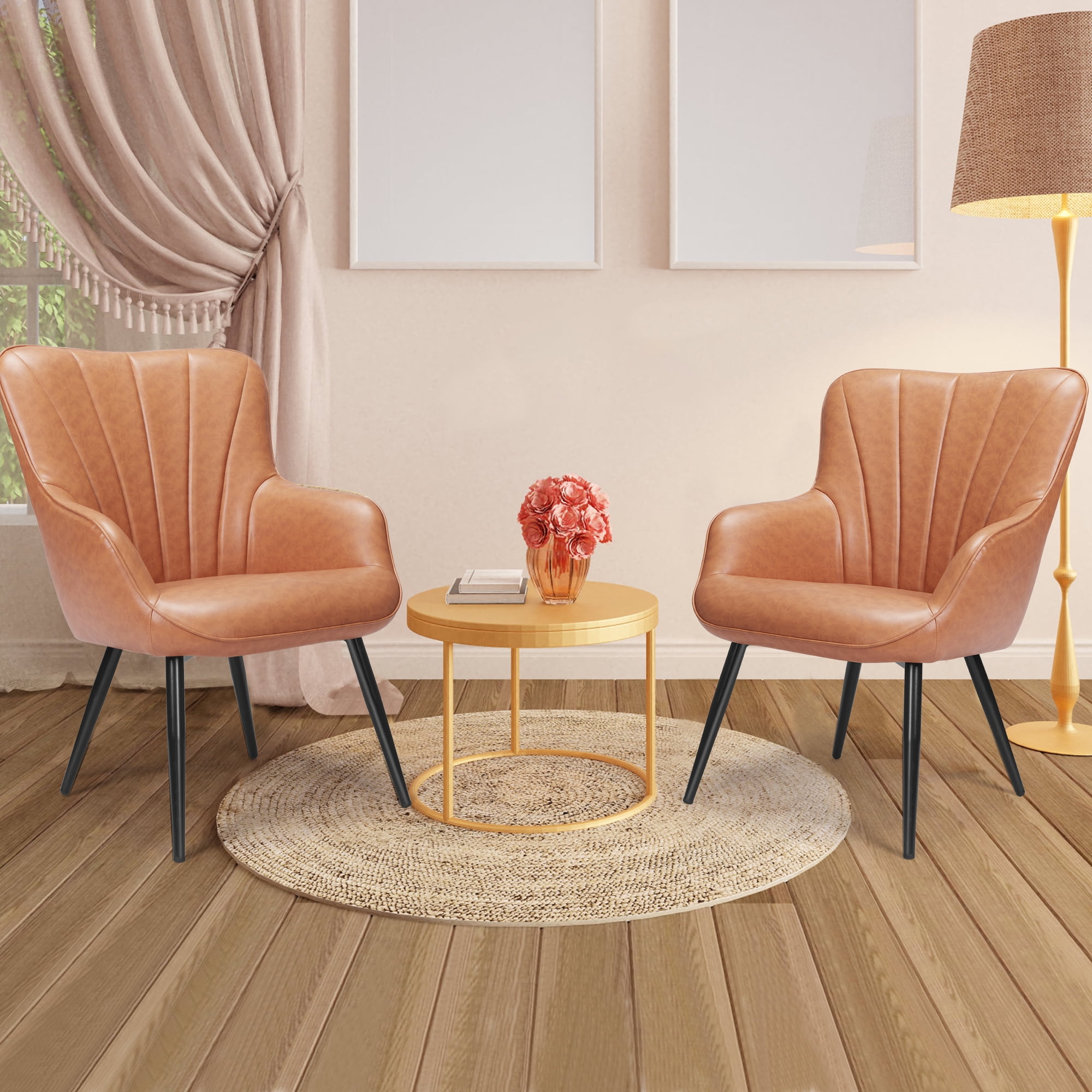Modern Accent Chair, Mid Century Set of 2 Leather Armchairs, Wing back Reading Side Chairs for Living Room, Brown