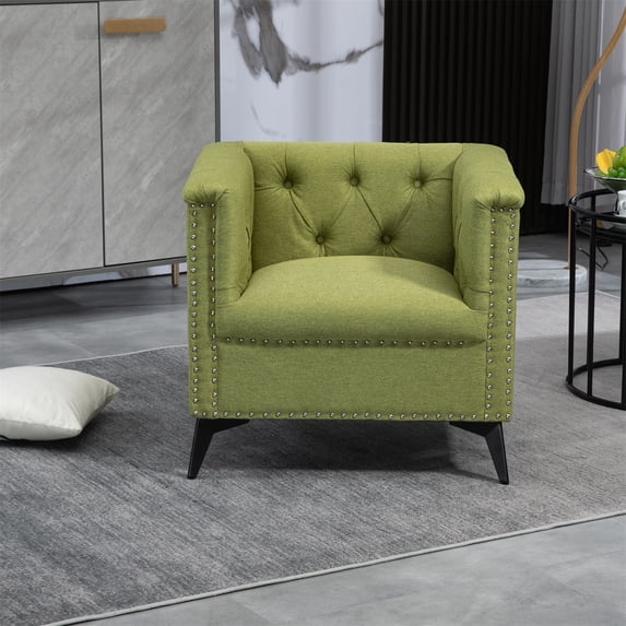 Modern Accent Chair, Mid Century Single Sofa Chair with Button Tufted Backrest and Silver Rivet, Upholstered Arm Chair with Solid Metal Legs, Comfy Armchair for Living Room, Bedroom, Office