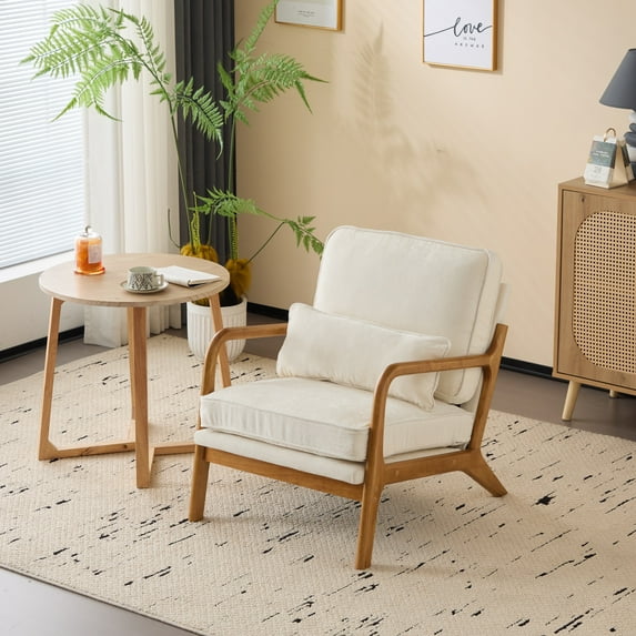 Modern Accent Chair, Mid-Century Solid Wood Arm Chair, Upholstered Reading Chair with Lumbar Pillow, Sofa Side Chairs for Living Room Bedroom Guest Room, Beige/C