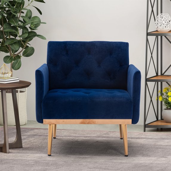 Modern Accent Chair, Mid Century Modern Velvet Tufted Upholstered Armchair with Padded Cusions and Gold Metel Legs, Living Room Chair Vanity Chair for Bedroom Home Office, Navy
