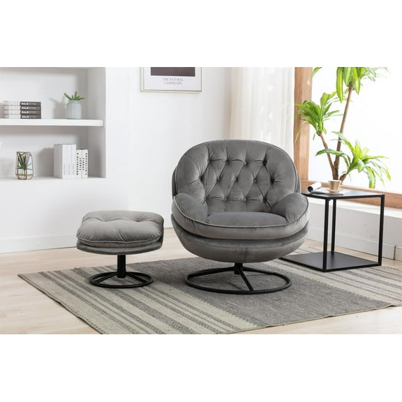 Modern Accent Chair with Ottoman Set, Comfy Lounge Reading Chair, Velvet Swivel TV Armchair Club Recliner Chair with Footstool, for Indoor, Living Room, Bedroom,Gray