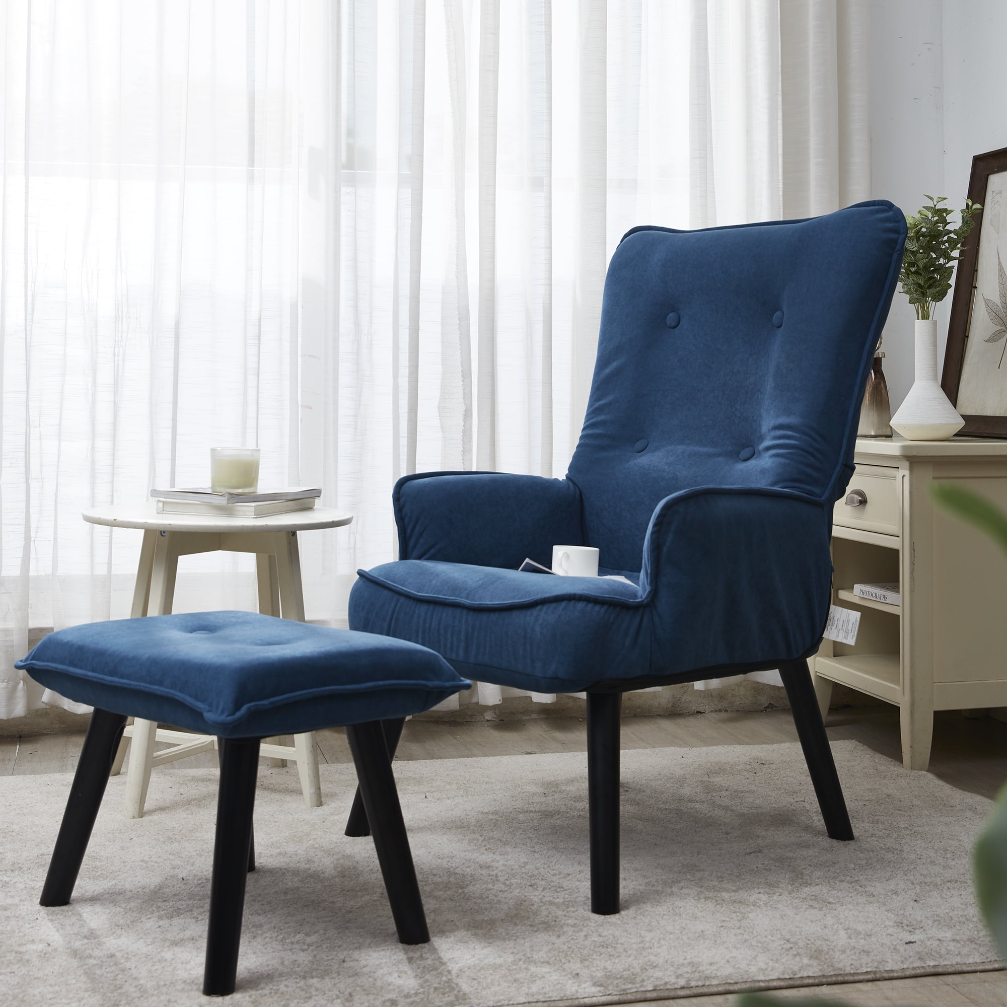 Modern Accent Chair and Ottoman Set Home Leisure Chair with Footrest Comfy Upholstered Armchair with Adjustable Back Reading Chair with Solid Wood