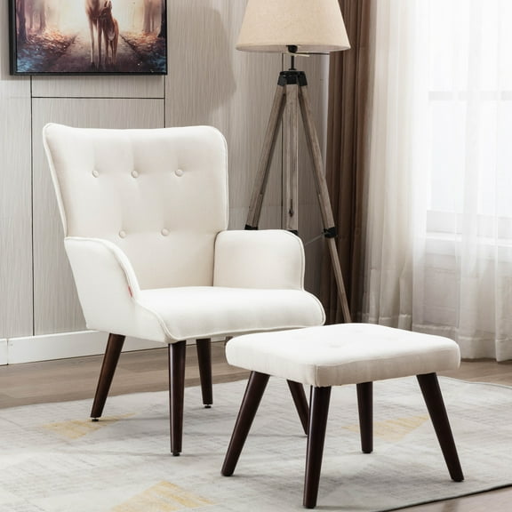 Modern Accent Chair and Ottoman Set, Home Leisure Chair with Footrest, Comfy Upholstered Armchair with Soft Back, Reading Chair with Solid Wood Legs for Living Room Bedroom, Beige, D5469