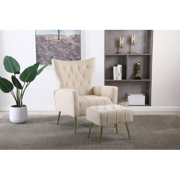 Modern Accent Chair with Ottoman, Velvet Single Sofa Chair with High Back and Metal Legs, Upholstered Reading Chair with Armrest for Living Room, Bedroom