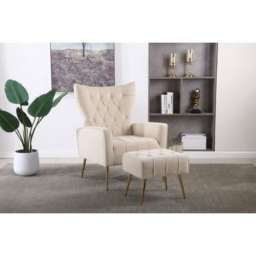 Modern Accent Chair with Ottoman, Velvet Single Sofa Chair with High Back and Metal Legs, Upholstered Reading Chair with Armrest for Living Room, Bedroom