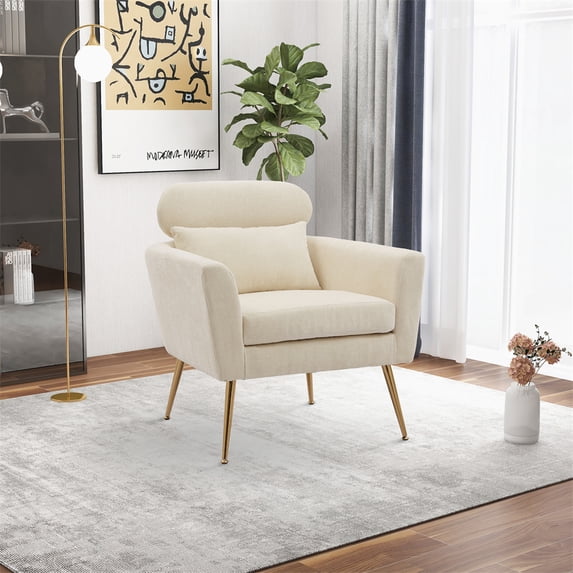 Modern Accent Chair with Pillow, Leisure Wingback Chair with Gold Metal Leg and Armrest. Padded Seat Single Sofa Chair for Living Room Bedroom Office, Beige