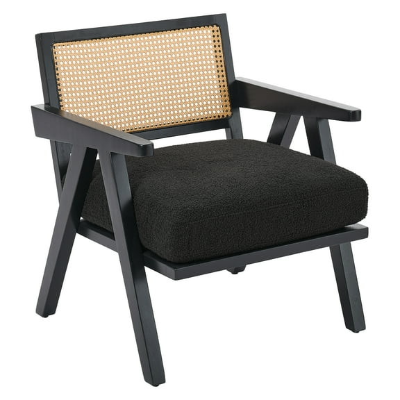 Modern Accent Chair with Rattan Backrest, Upholstered Mid Century Modern Chair for Bedroom Living Room Reading Chairs Rattan Armchair, Comfy Lounge Chairs Side Chair