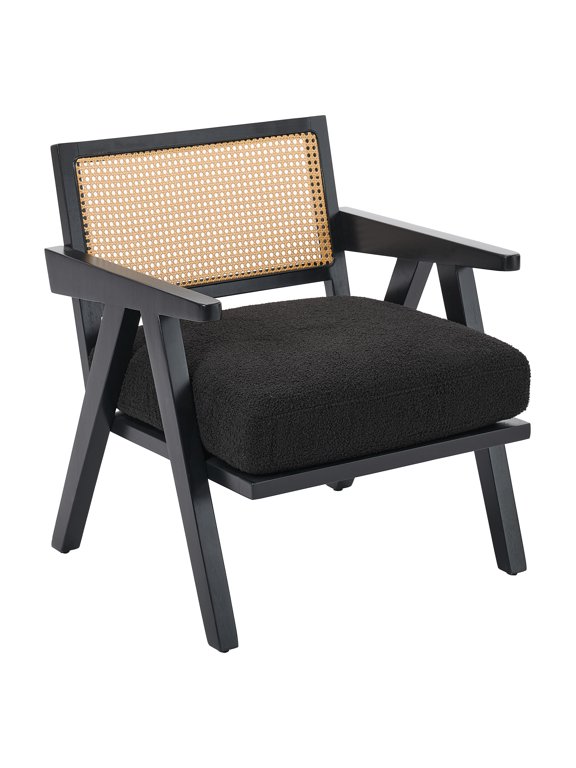 Modern Accent Chair with Rattan Backrest, Upholstered Mid Century Modern Chair for Bedroom Living Room Reading Chairs Rattan Armchair, Comfy Lounge Chairs Side Chair