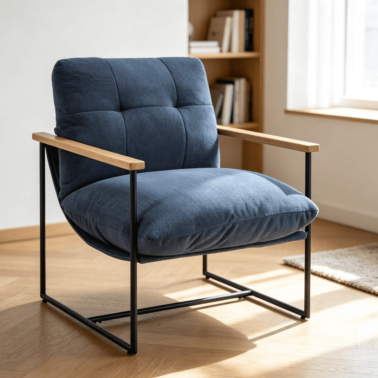 Modern Accent Chair, Removable Cushion Vanity Chair with Solid Wood Armrests, Comfy Upholstered Chair for Living Room, Bedroom, Home Office, Blue