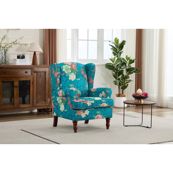 Modern Accent Chair with Retro Wood Legs, Comfy Upholstered Armchair, Floral Design Single Sofa for Living Room Bedroom Office Cyan CLASSIC WING BACK Room, Bedroom, Cozy Summer