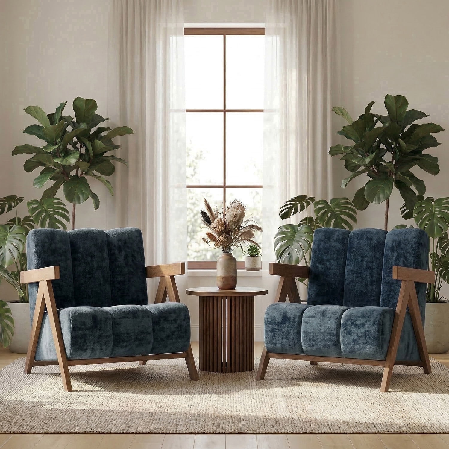 Modern Accent Chair Set of 2 for Living Room Bedroom,Comfy Chenille Reading Chair with Wood Frame,Upholstered Lounge Armchair with Thick High-Elastic Sponge for Apartment & Waiting Room,Blue