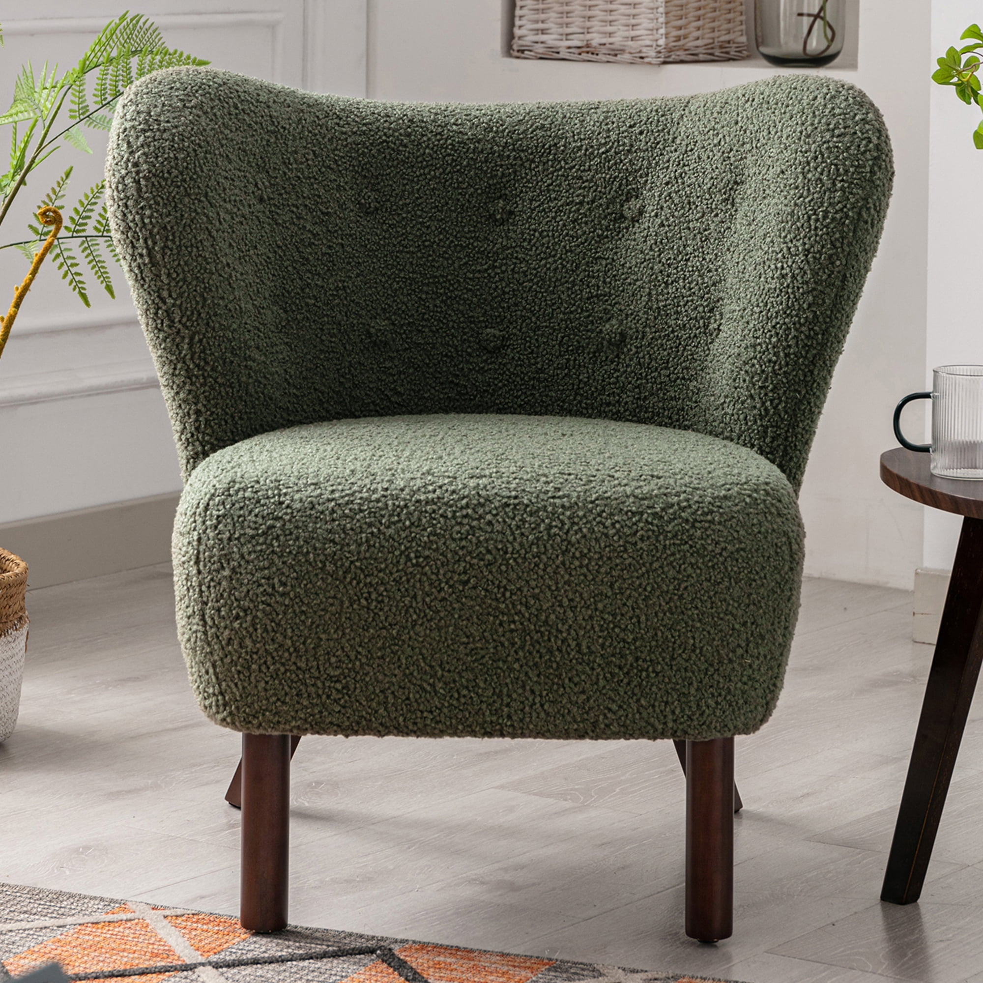 Modern Accent Chair Soft Lambskin Sherpa Wingback Tufted Side