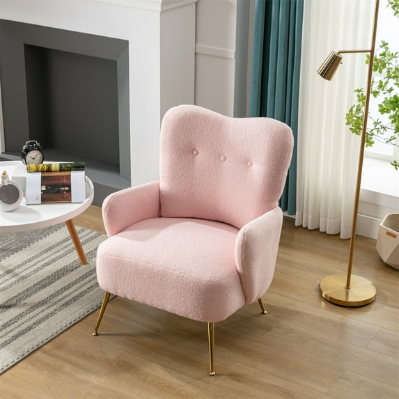 Modern Accent Chair, Teddy Short Plush Armchair with High Back and Armrest, Upholstered Sofa Chair with Tapered Metal Legs, Comfy Dressing Lounge Chair for Living Room, Bedroom, Pink