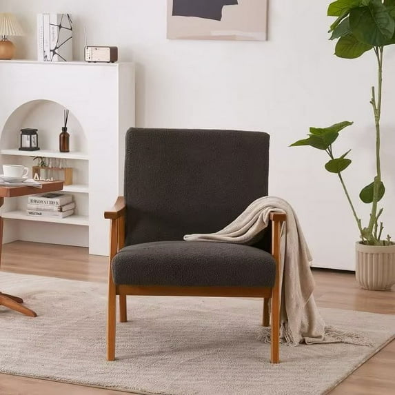 Modern Accent Chair, Teddy Velvet Armchair, Upholstered Mid Century Lounge Chair with Removable Padded Cushion and Wood Frame, Comfy Reading Chair for Living Room/Bedroom, Dark Grey