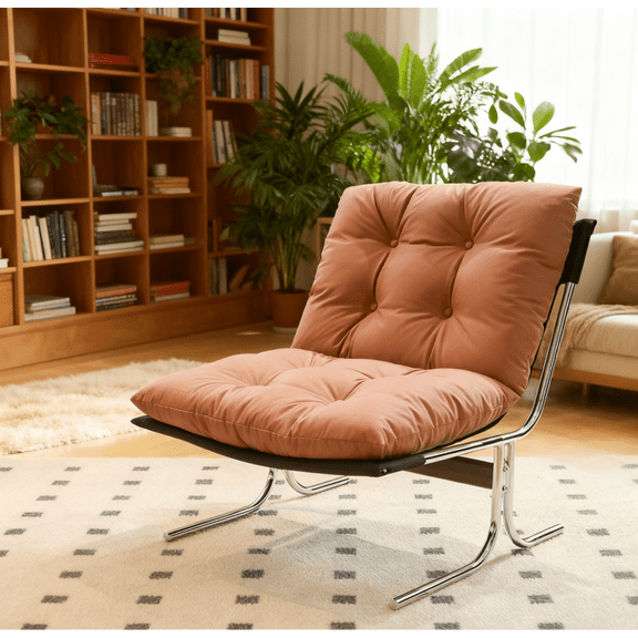 Modern Accent Chair Tufted Leather with Polished Metal Frame, High Back Soft Padded Lounge Chair Versatile for Living Room, Office, Bedroom & Dining Space